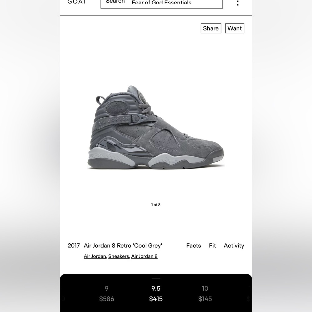 Jordan Retro 8s Cool Grey Size 9.5 str8 from hibbets when they dropped
